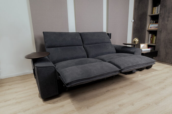 Recliner Sofa in Dark Gray Fabric with Round Wood Laptop Table