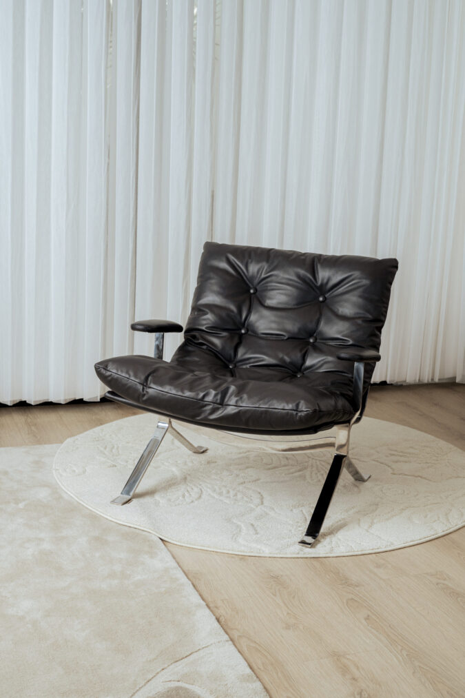 Upholstered Lounge Chair in Black Leather and Metal Frame